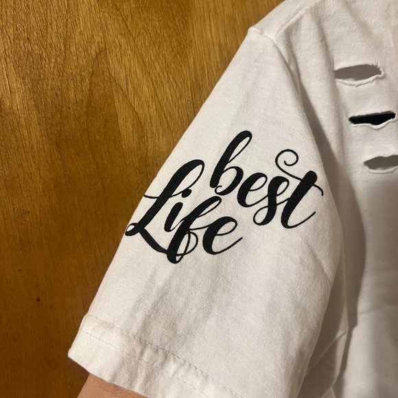 On Fire Women's White Tie Back Living My Best Life Cutout Crop Tee Shirt XL - Picture 3 of 6